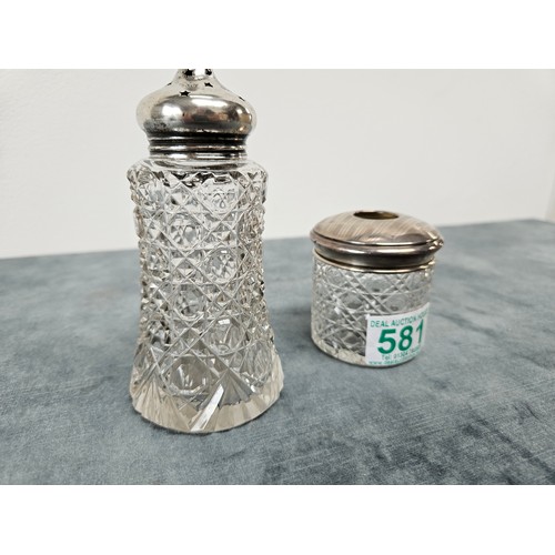 581 - Solid silver hallmarked crystal and glass cotton wool holder + silver topped sifter