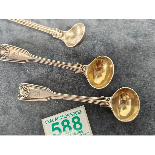 588 - 3 x Solid silver hallmarked mustard spoons. 82g