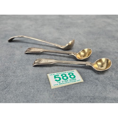 588 - 3 x Solid silver hallmarked mustard spoons. 82g