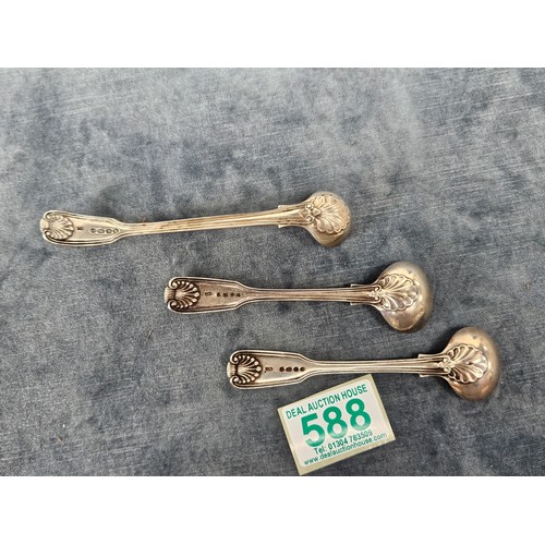 588 - 3 x Solid silver hallmarked mustard spoons. 82g