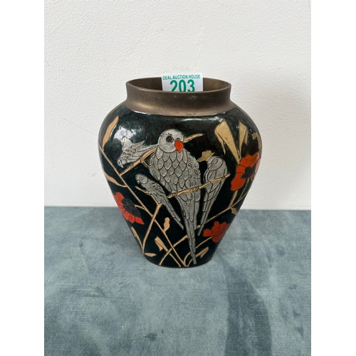 203 - Indian brass vase decorated with birds. Some paint chipping