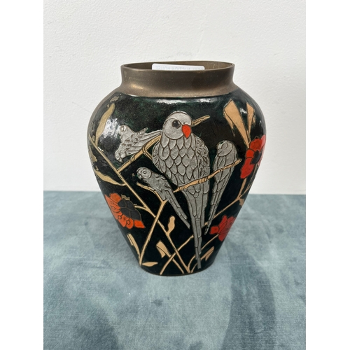 203 - Indian brass vase decorated with birds. Some paint chipping