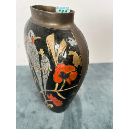 203 - Indian brass vase decorated with birds. Some paint chipping