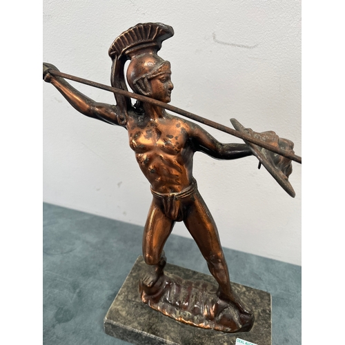 222 - Copper cast figure of Grecian warrior on a marble base