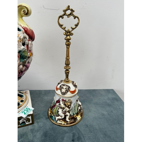 230 - Large porcelain Capodimonte table lamp. With one other porcelain bell.