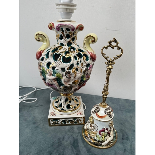 230 - Large porcelain Capodimonte table lamp. With one other porcelain bell.