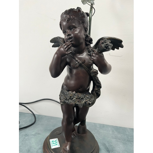 231 - Resin table lamp of a cherub girl with colored glass shade