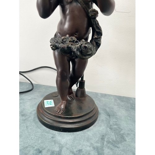 231 - Resin table lamp of a cherub girl with colored glass shade