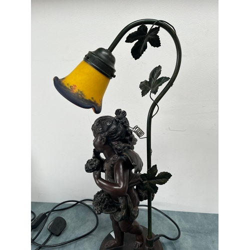 231 - Resin table lamp of a cherub girl with colored glass shade