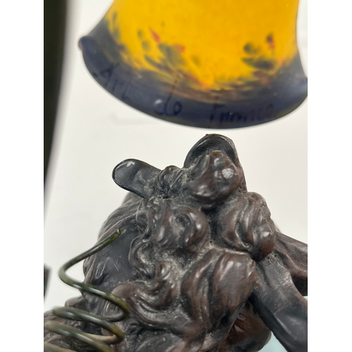 231 - Resin table lamp of a cherub girl with colored glass shade