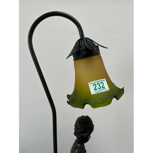 232 - Resin table lamp of agirl with colored glass shade