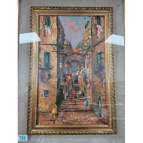 709 - Vintage pair of pallet knife paintings. Venetian style street scenes. One painting is the view looki... 