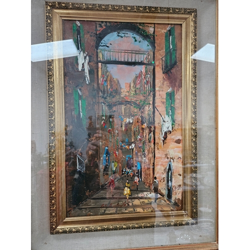 709 - Vintage pair of pallet knife paintings. Venetian style street scenes. One painting is the view looki... 