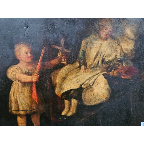 716 - Antique oil on canvas painting of two children