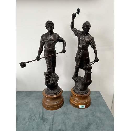 272 - A pair of French circa 1900 spelter figures representing industry, 'Le Forgeron', 'Le Forndeur', bot... 