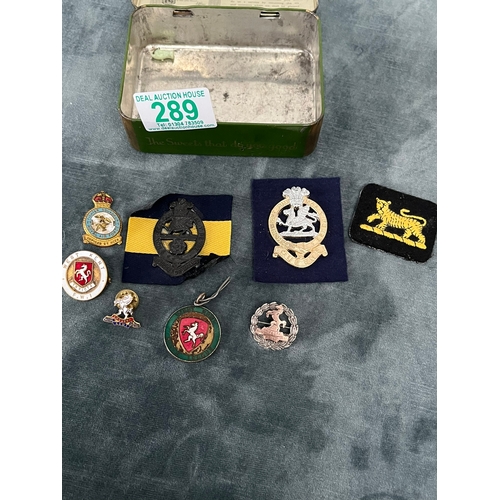 289 - Box of various Kent Buffs and regiments badges including gold on silver Invicta