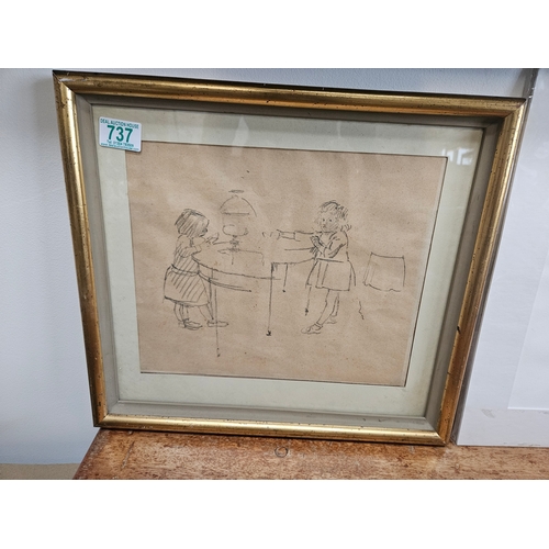 737 - Charcoal drawing of two girls by Jehan Daly (1918-2001) 
Signed on reverse 
16in x 14in