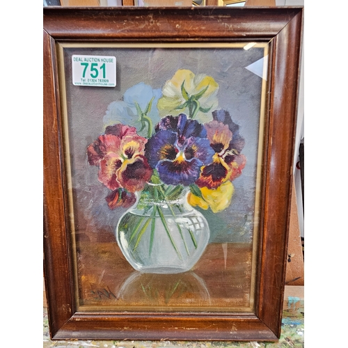 751 - Small oil on board of flowers in vase