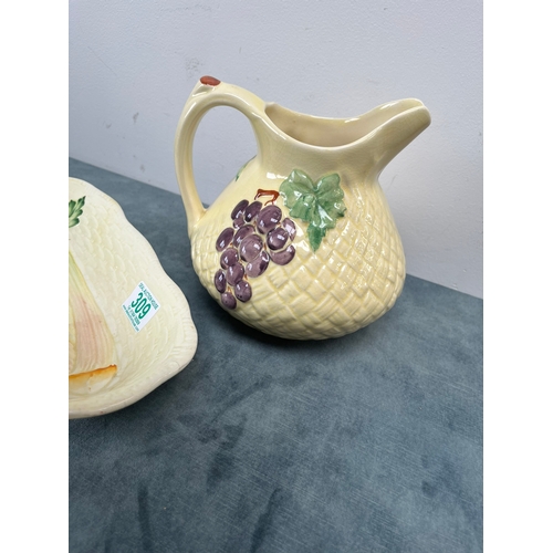 309 - Yellow celery bowl & Staffordshire pottery jug