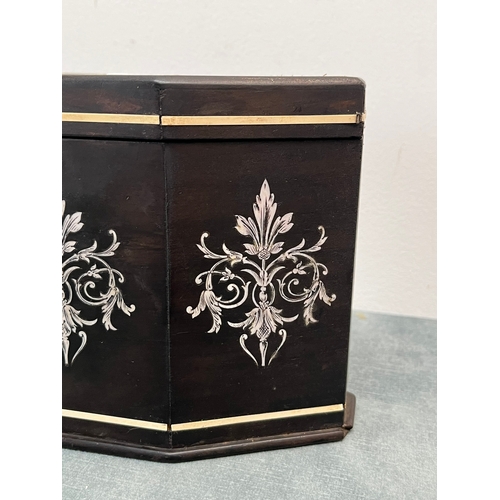 373 - Antique inlaid tea caddy, lined inside. Some missing banding around the back.