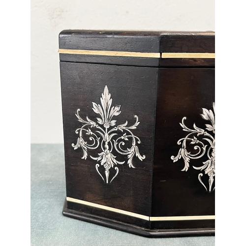 373 - Antique inlaid tea caddy, lined inside. Some missing banding around the back.