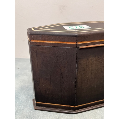 373 - Antique inlaid tea caddy, lined inside. Some missing banding around the back.