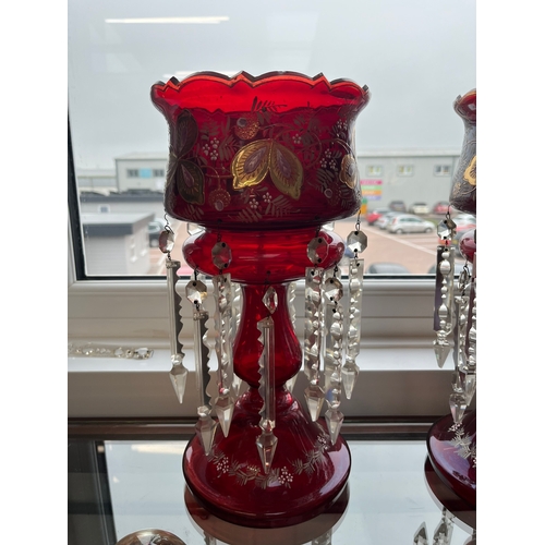 382 - Large pair of red luster's with crystal drops

36cm high