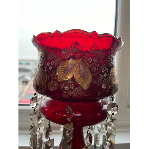 382 - Large pair of red luster's with crystal drops

36cm high