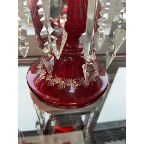 382 - Large pair of red luster's with crystal drops

36cm high