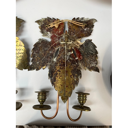 385 - Pair of brass and copper leaf design wall sconces