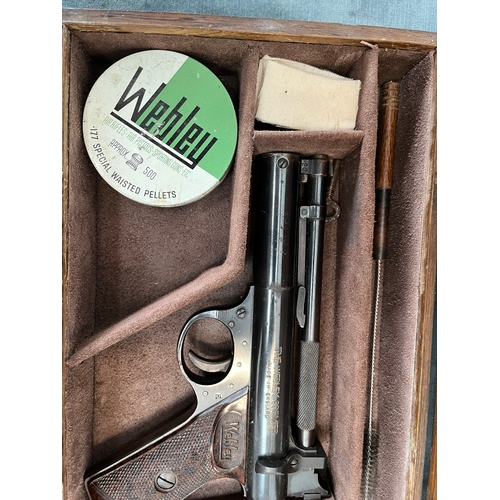 399 - Cased Webley Premier .22 pistol. 1950's, with age related accessories