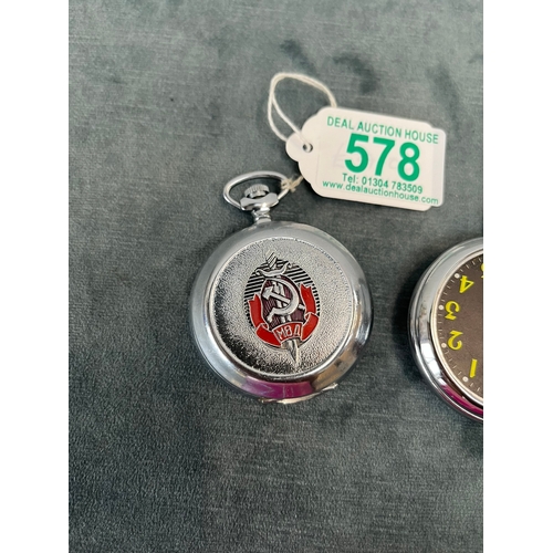 578 - Russian pocket watch and one other watch with missing glass