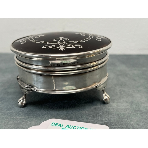 584 - Levi and Salaman solid silver hallmarked pot with tortoise shell lid and inlay