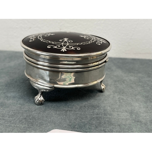 584 - Levi and Salaman solid silver hallmarked pot with tortoise shell lid and inlay