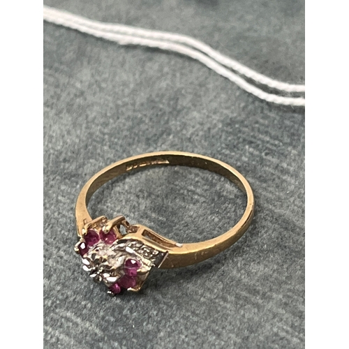 612 - 9ct gold and diamond chip ring with pink stones 1.7g