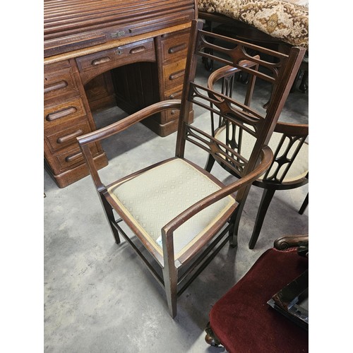 37 - Pair of similar Edwardian armchairs. Both have fine inlay work. Both with the same upholstery