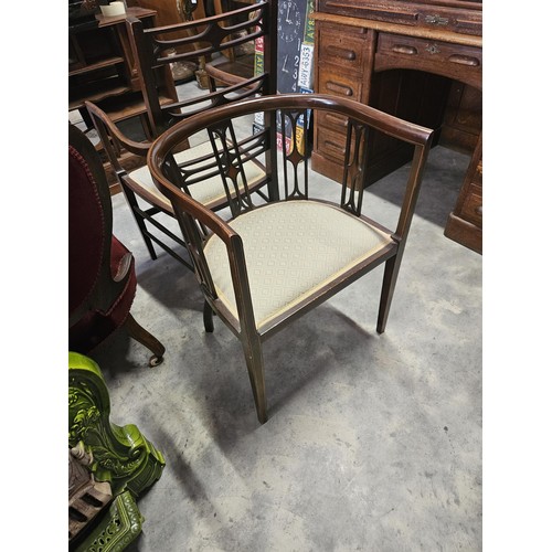 37 - Pair of similar Edwardian armchairs. Both have fine inlay work. Both with the same upholstery