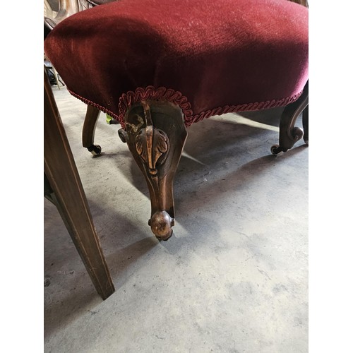 43 - Pair of red velvet mahogany arm chairs. His and Hers chairs. Button back