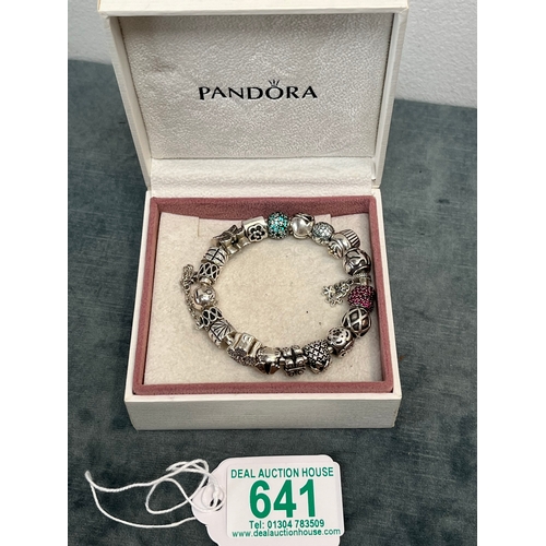 641 - Pandora silver bracelet with lots of charms