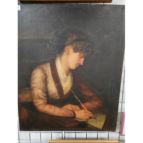 700 - Large antique oil on canvas portrait of a lady writing a letter