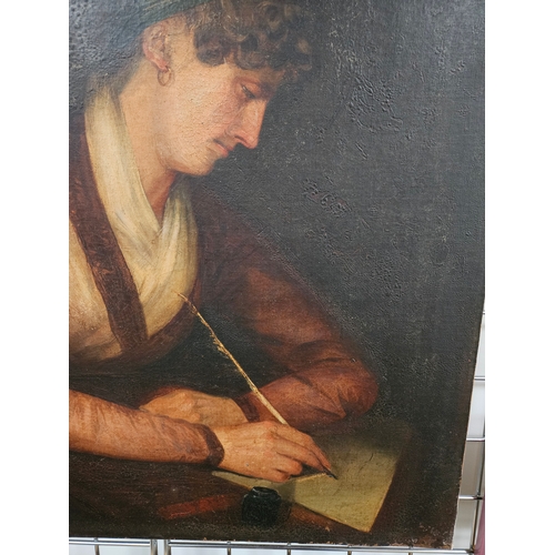 700 - Large antique oil on canvas portrait of a lady writing a letter