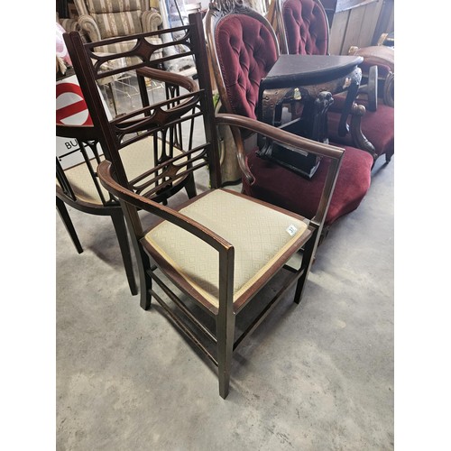 37 - Pair of similar Edwardian armchairs. Both have fine inlay work. Both with the same upholstery