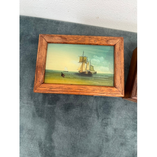 392 - 2 x Wooden boxes with painted nautical ship scenes