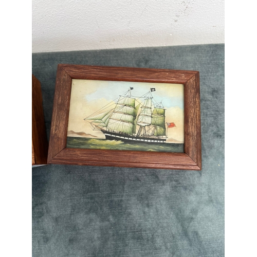 392 - 2 x Wooden boxes with painted nautical ship scenes