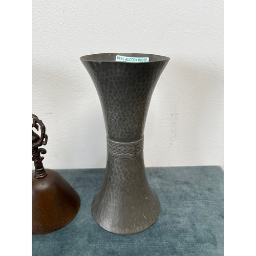 395 - 2 x Pewter Talbot vases 
1 x Metal bell