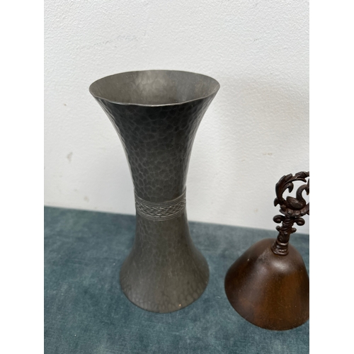 395 - 2 x Pewter Talbot vases 
1 x Metal bell