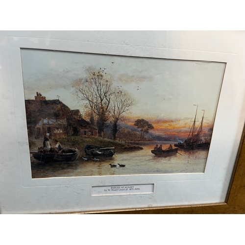 796 - Pair of gold framed pictures - At The Waters Edge + Barges at Sunset