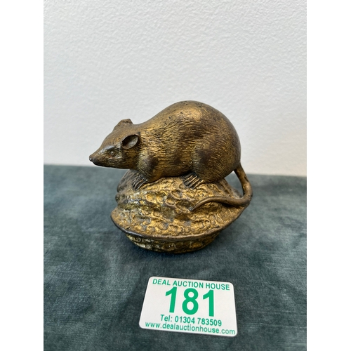 181 - Brass model of a mouse sat upon a walnut