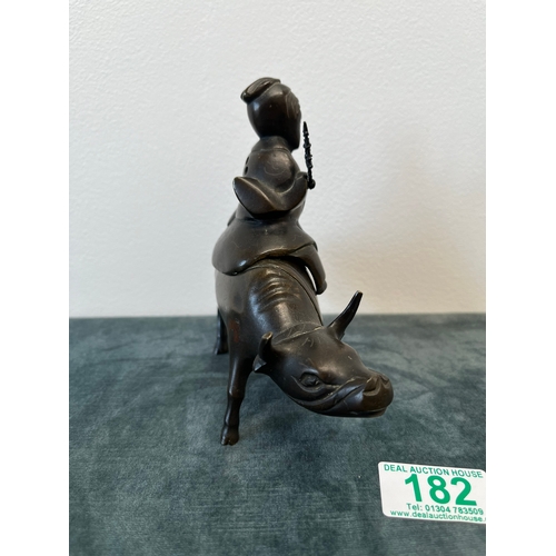 182 - Chinese bronze incense burner, fashioned as a Tao Philosopher Lazo riding a water buffalo