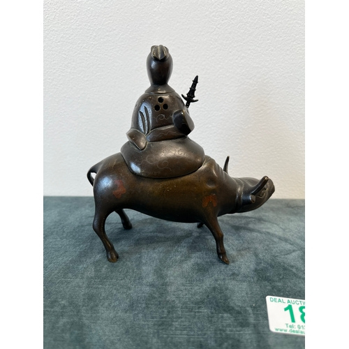 182 - Chinese bronze incense burner, fashioned as a Tao Philosopher Lazo riding a water buffalo